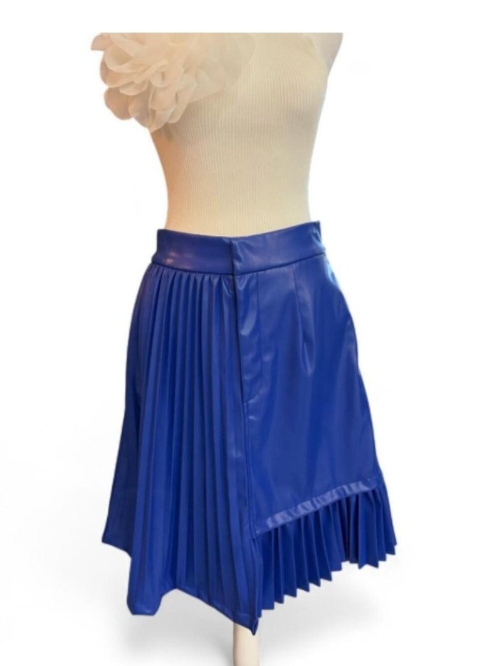 Blue Pleated Faux Leather Skirt